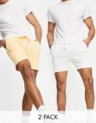 Asos Design Skinny Jersey Shorts In Shorter Length 2 Pack In White/pastel Orange-multi