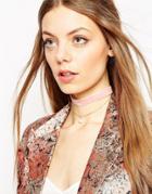 Asos Velvet And Pearl Multirow Choker Necklace - Pink