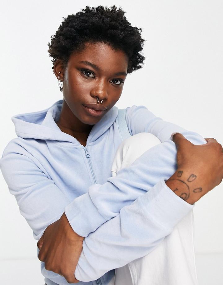 Weekday Juno Organic Cotton Velour Zip Hoodie In Blue-blues