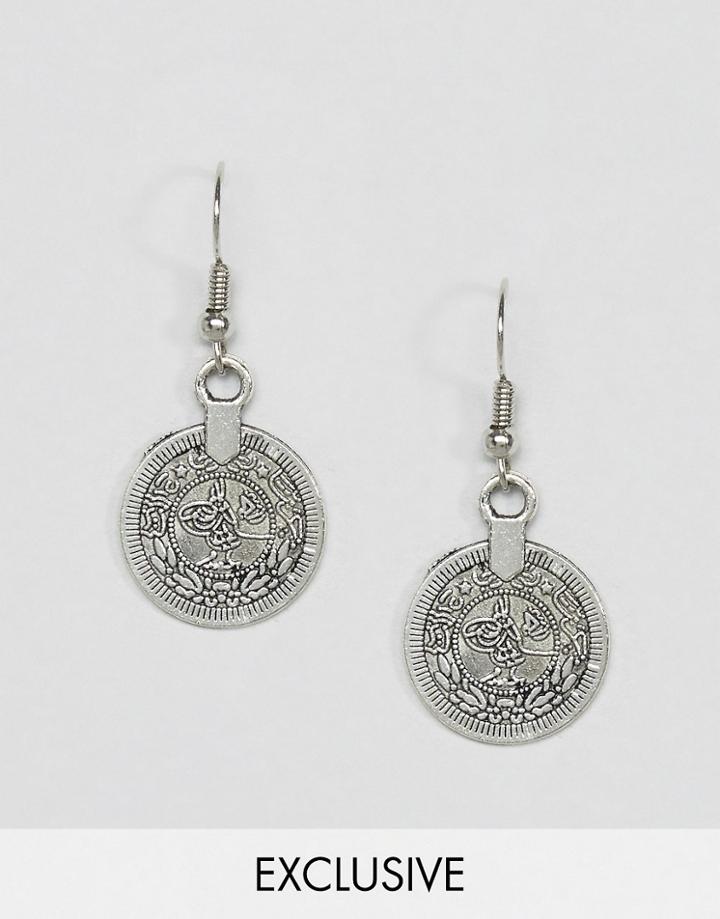 Reclaimed Vintage Inspired Coin Drop Earrings - Silver