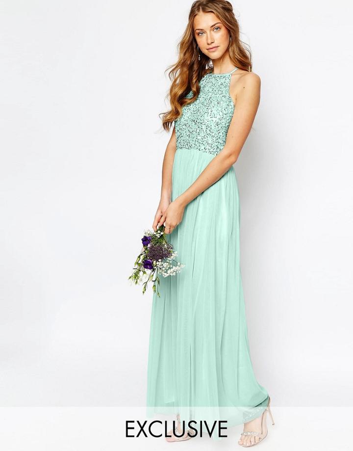 Maya High Neck Maxi Tulle Dress With Tonal Delicate Sequins - Green