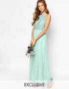 Maya High Neck Maxi Tulle Dress With Tonal Delicate Sequins - Green