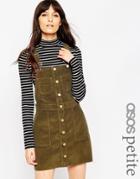 Asos Petite Denim Cord Mini Button Down Pinafore Dress In Olive Green - Olive Green