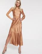 Liquorish Satin Midaxi Dress With One Shoulder In Caramel-brown