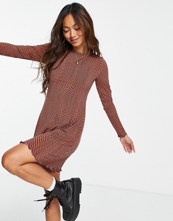 Stradivarius Long Sleeve Mini Dress In Retro Orange Spot