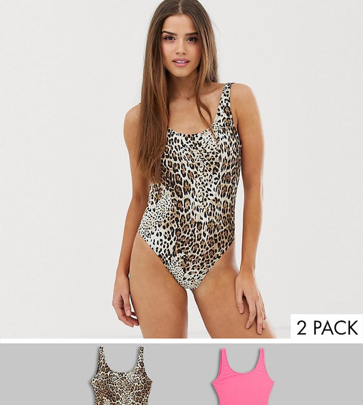 New Look 2 Pack Swimsuits In Neon Pink And Leopard