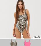 New Look 2 Pack Swimsuits In Neon Pink And Leopard
