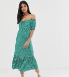 Asos Design Tall Off Shoulder Midi Dress With Pephem In Ditsy Floral Print - Green