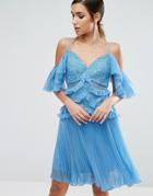 Three Floor Cold Shoulder Mini Dress With Pleated Skirt - Blue