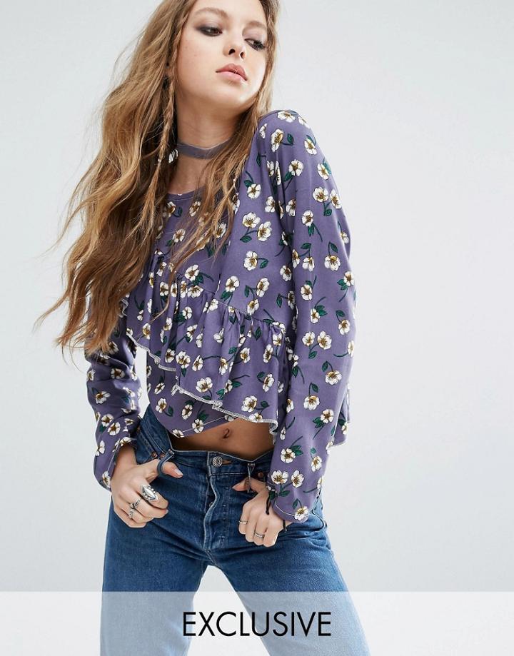Milk It Smock Top With Frill Detail In Floral - Purple