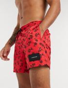 Calvin Klein Medium Length Swim Short In Palm Tree Print-red