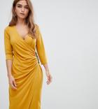 Asos Design Petite Ruched Midi Wrap Dress With Contrast Buttons - Yellow