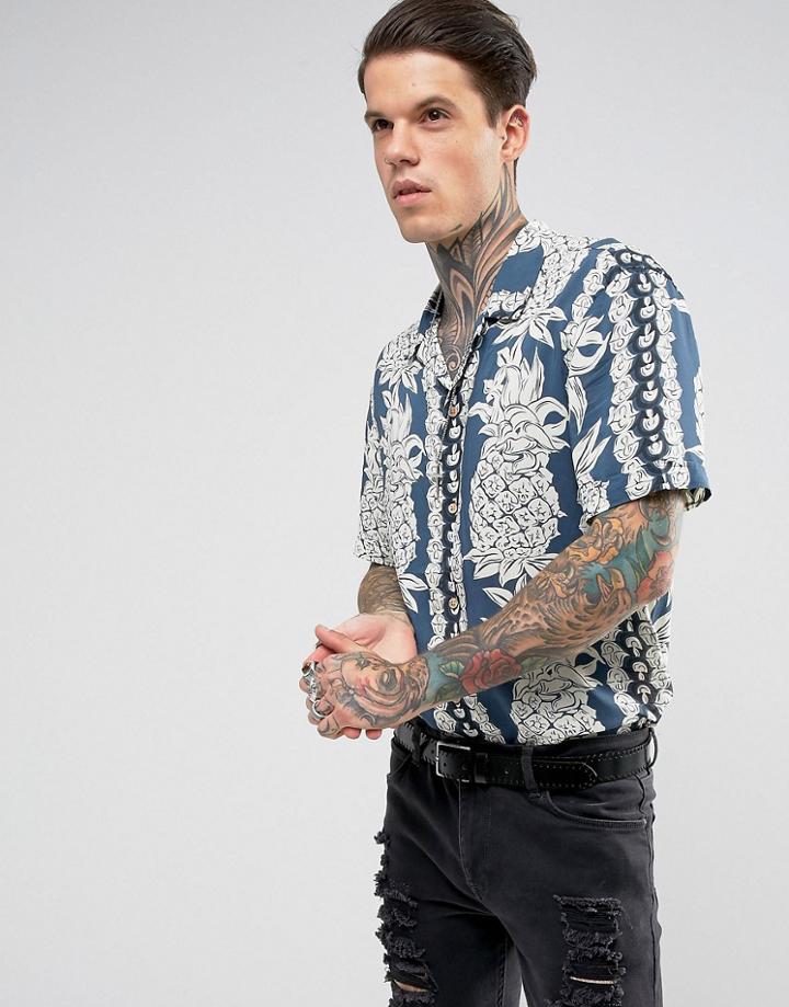 Allsaints Regular Fit Short Sleeve Shirt With Pineapple Print - Blue