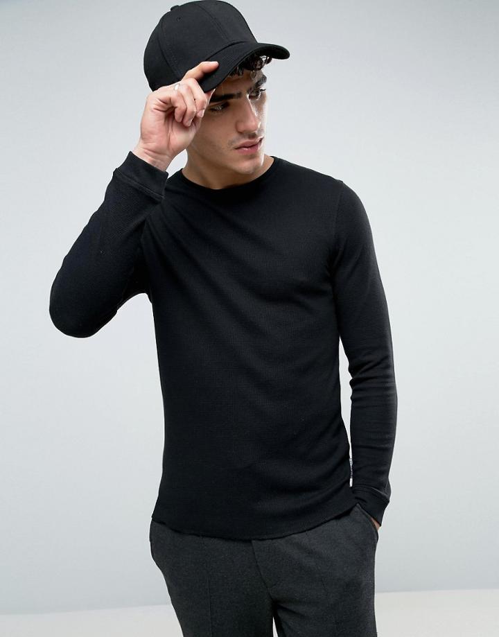 Bellfield Muscle Fit Long Sleeve T-shirt In Waffle - Black