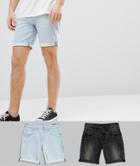 Asos Design Denim Shorts In Slim Washed Black With Abrasions & Light Wash - Multi