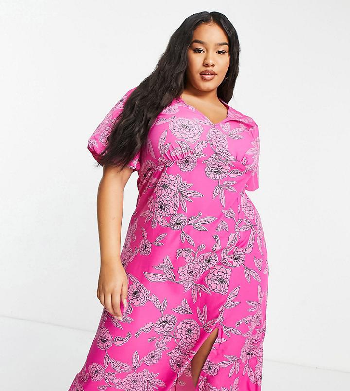 Simply Be Fit And Flare Midi Dress In Pink Floral