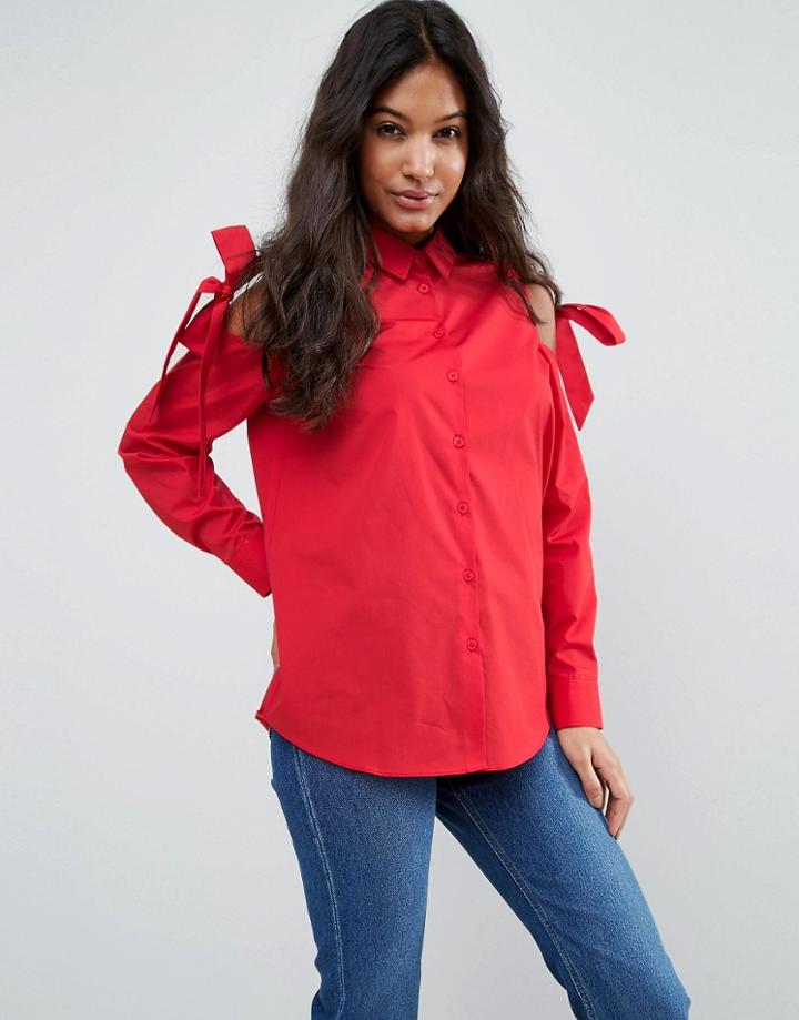 Asos Cotton Shirt With Tie Cold Shoulder - Red