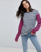 Asos T-shirt With Mix And Match Stripe Sleeves-multi