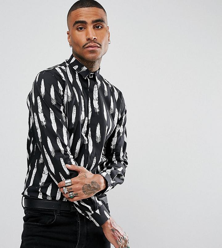 Noose & Monkey Skinny Smart Shirt In Feather Print - Black