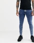 Jack & Jones Spray On Skinny Fit Raw Hem Acid Wash Jeans In Blue