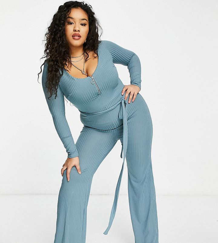 Club L London Plus Plunge Zip Front Wide Leg Jumpsuit With Belt In Petrol Blue-blues