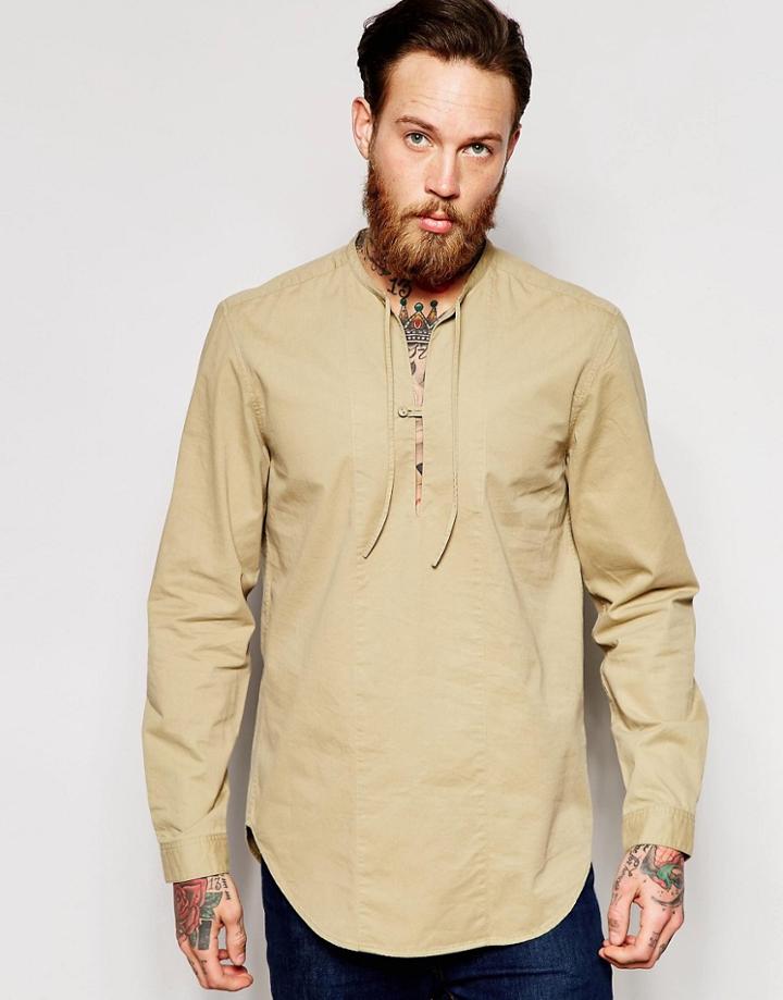 Asos Miltiary Overhead Shirt In Stone With Tie Front In Regular Fit - Stone