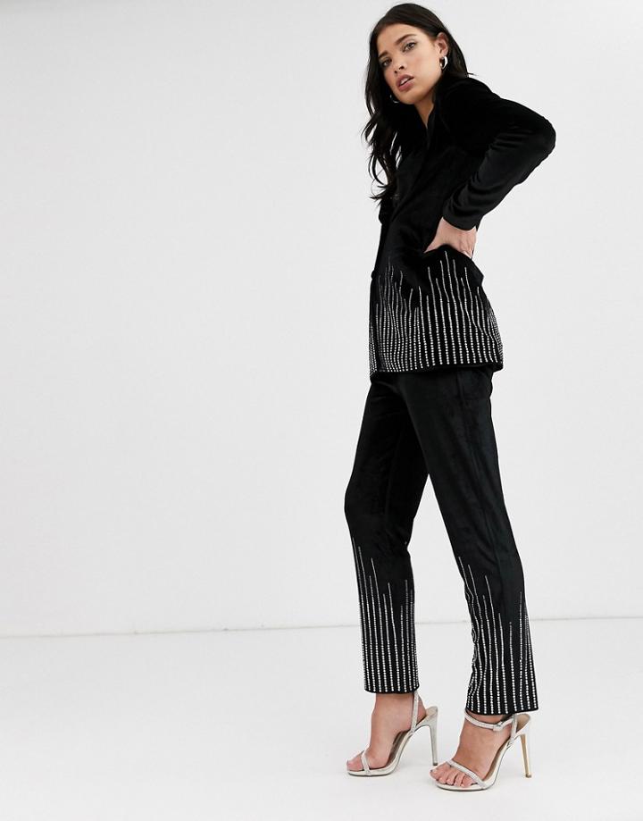 Fashion Union Velvet Pants Coord With Rhinestone Scattered Trim-black