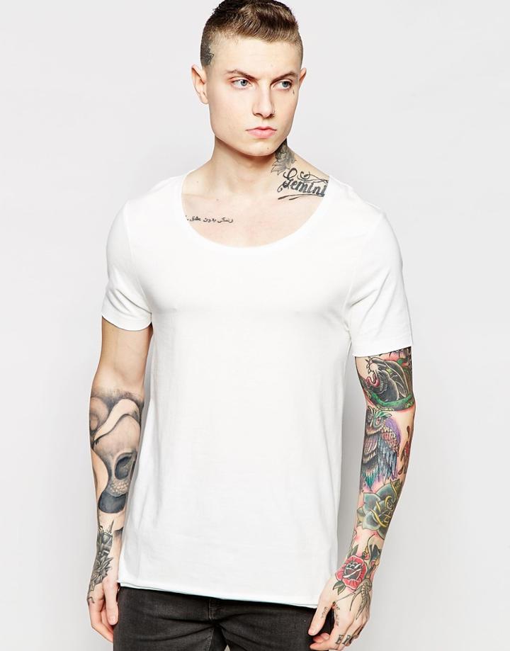 Asos Muscle T-shirt With Scoop Neck And Raw Edges In Off White - Off White