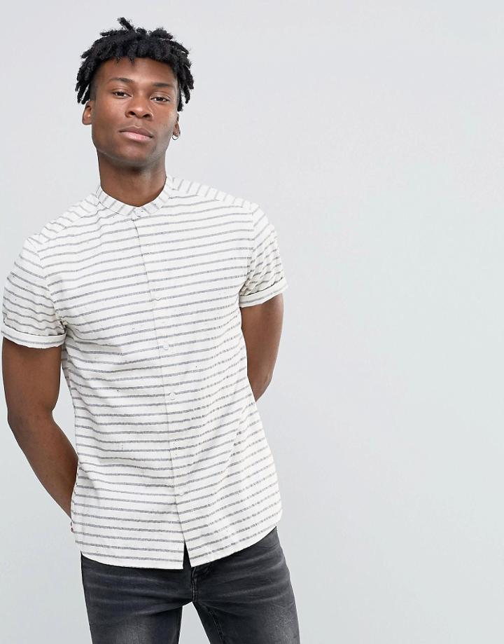 Asos Stripe Shirt With Grandad Collar With Nepps In Short Sleeve - White