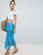 Asos Design Midi Tea Skirt In Blue Floral Print