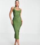 Asos Design Tall Halter Bandage Seamed Midi Dress In Khaki-blues
