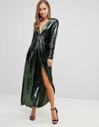 Asos Edition Plunge Asymmetric Maxi Dress In Sequin - Green