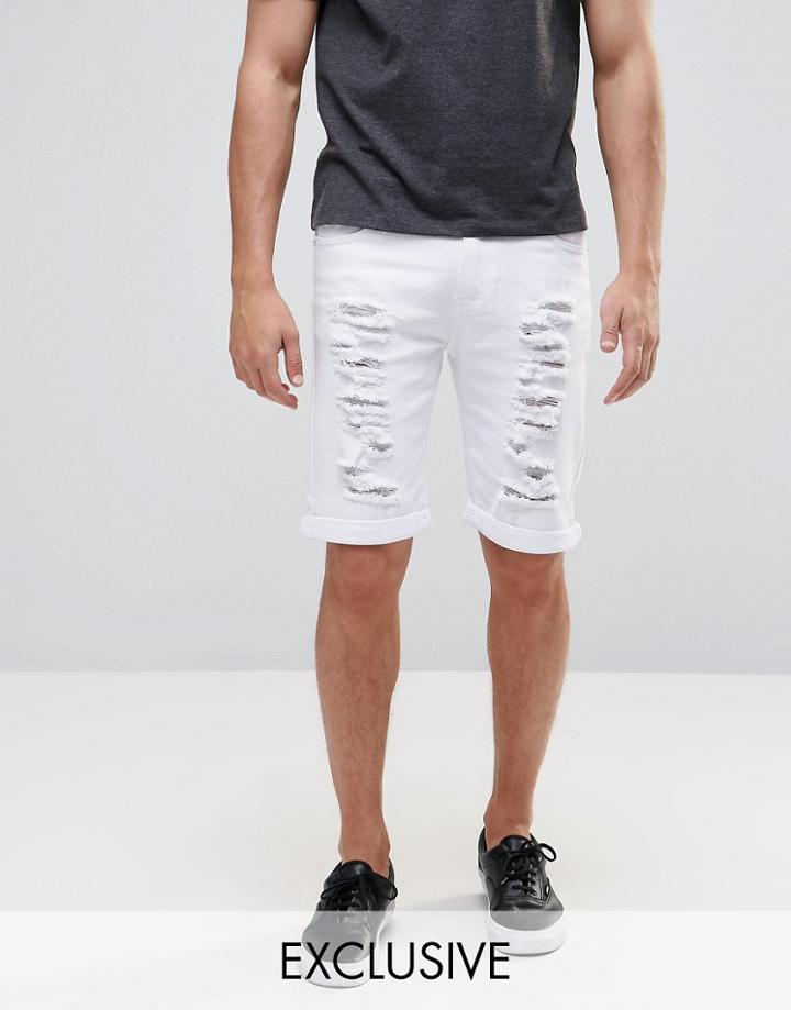 Liquor & Poker Slim Extreme Rips Denim Shorts In White - White