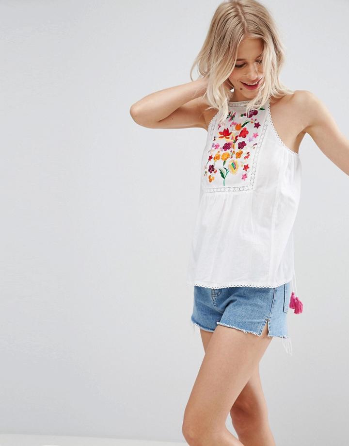Asos Embroidered Sun Top With Tassels - White
