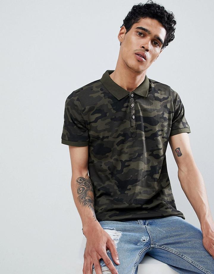 Brave Soul Camo Print Polo Shirt - Green