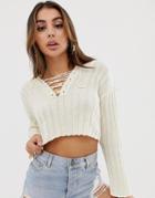 Asos Design Lace Up Ribbed Sweater - Cream