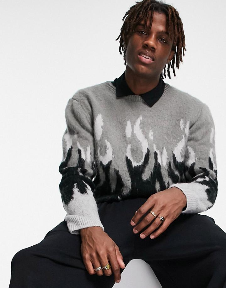 Asos Design Knitted Textured Flame Sweater In Monochrome-black