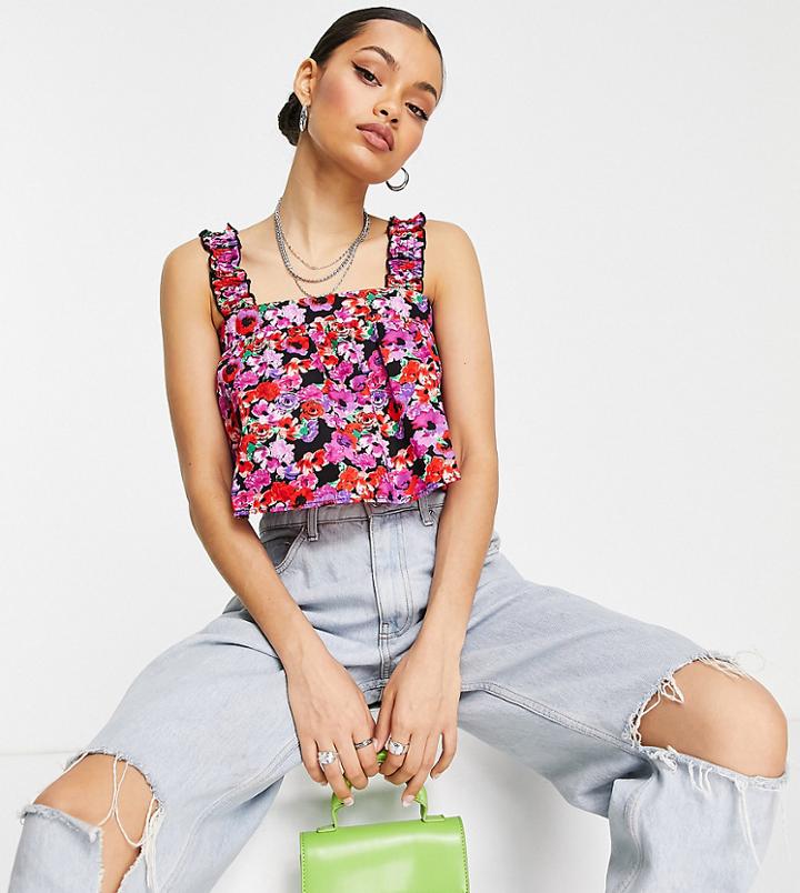 Miss Selfridge Petite Ruched Strap Cami Top In Floral Print-red
