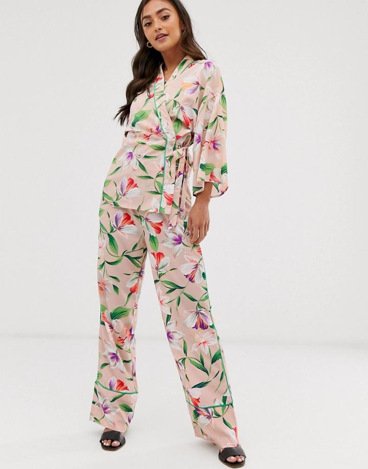 Liquorish Wide Leg Pants In Floral Print With Green Piping Two-piece - Multi