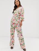 Liquorish Wide Leg Pants In Floral Print With Green Piping Two-piece - Multi