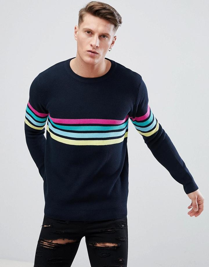 Pull & Bear Multi Color Stripe Sweater In Navy - Navy