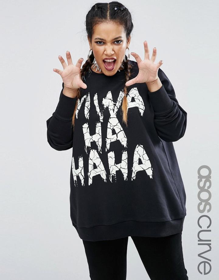 Asos Curve Halloween Sweatshirt With Glow In The Dark Evil Laugh Print - Black