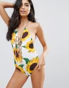 Jaded London Sunflower Print Rope Lace Up Swimsuit - Multi