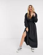 Asos Design Cotton Poplin Plunge Wrap Maxi Dress With Elasticated Waist-black