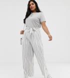 Asos Design Curve Linen Wide Leg Pants With Paperbag Waist And Belt In Stripe - Multi