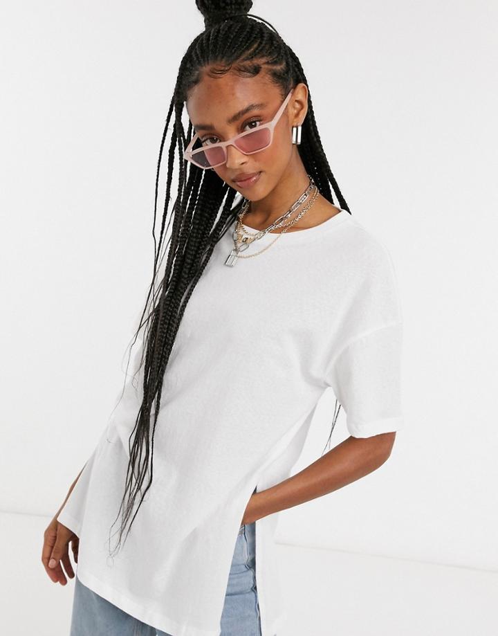 Asos Design Textured Longline T-shirt With Side Splits In White