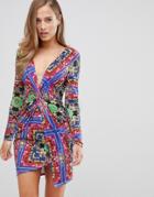 Flounce London Twist Front Mini Dress In Scarf Print-multi