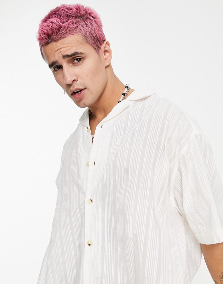 Asos Design Oversized Batwing Shirt In Textured Cotton Stripe-white