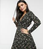 New Look Petite Soft Touch Mini Wrap Dress In Black Floral Print