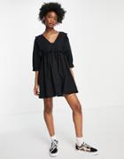 Asos Design Frill V Neck Cotton Button Up Mini Smock Dress In Black